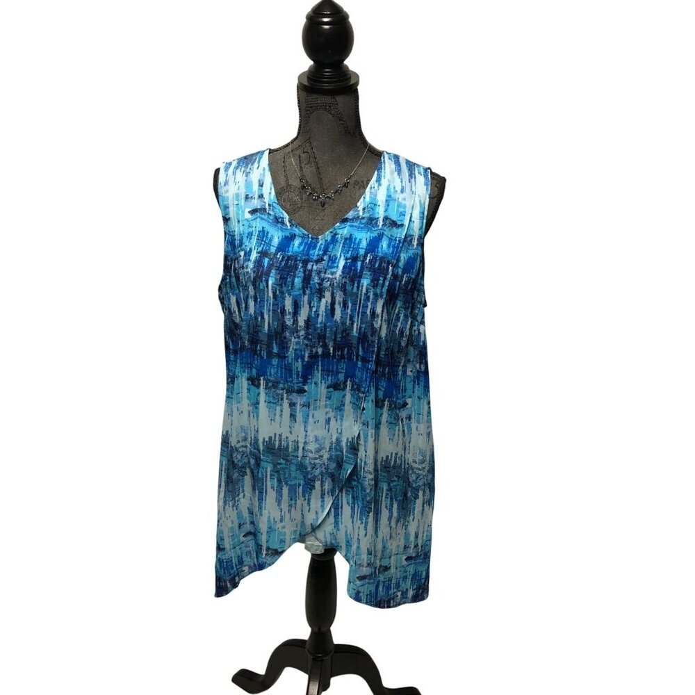 H by Halston Tunic Womens Size Large Blue Sleeveless Chiffon Overlay Summer Top